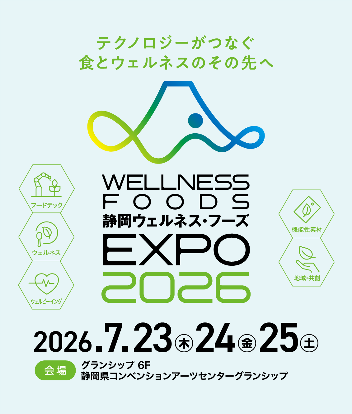 テクノロジーがつなぐ食とウェルネスのその先へ 静岡 ウェルネス・フーズ EXPO2026 SHIZUOKA WELLNESS FOODS EXPO 2026.9／11 thu 会場 グランディエール ブケトーカイシンフォニー セミナー オンライン リアル会場 同時開催